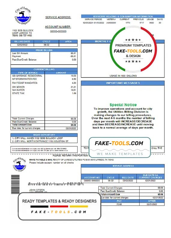 USA Texas City of Laredo Utilities Department water utility bill template in Word and PDF format USA Texas City of Laredo Utilities Department water utility bill template in Word and PDF format