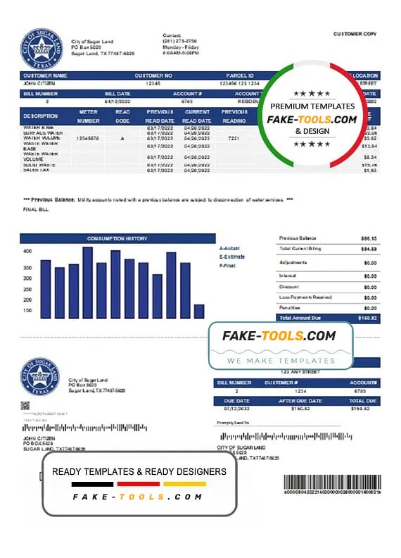 USA Texas City of Sugar Land utility bill template in Word and PDF format USA Texas City of Sugar Land utility bill template in Word and PDF format