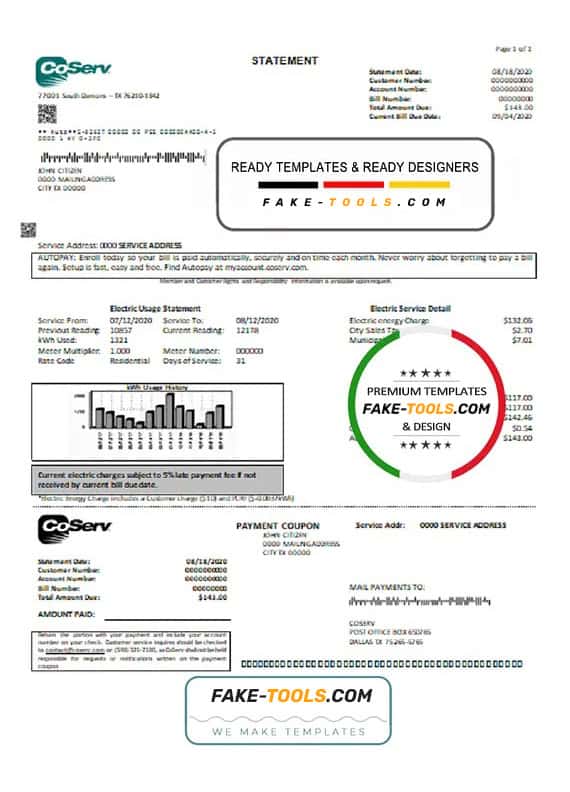 USA Texas CoServ utility bill template in Word and PDF format USA Texas CoServ utility bill template in Word and PDF format