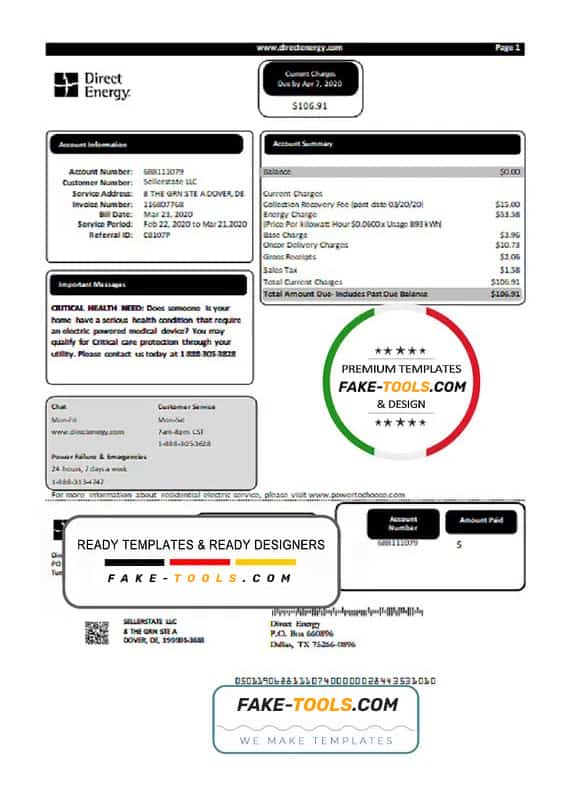 USA Texas Direct Energy utility bill template in Word and PDF format USA Texas Direct Energy utility bill template in Word and PDF format