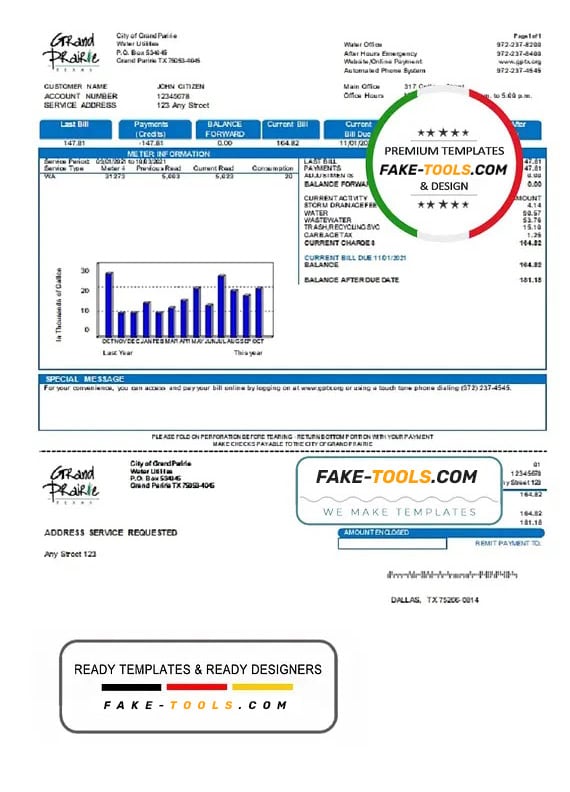 USA Texas Grand Prairie utility bill template in Word and PDF format USA Texas Grand Prairie utility bill template in Word and PDF format