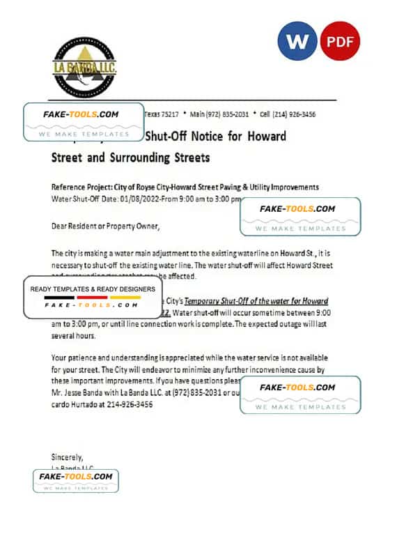 USA Texas La Banda utility water shut off notice, Word and PDF template USA Texas La Banda utility water shut off notice, Word and PDF template