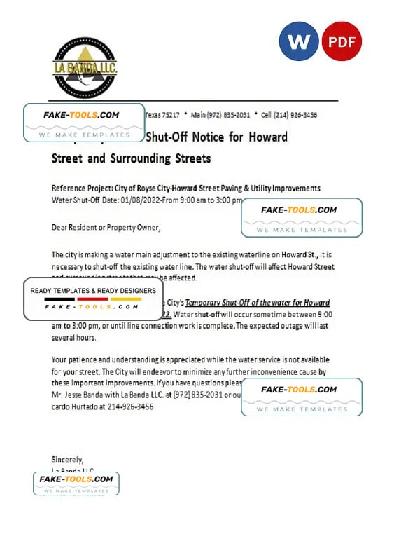 USA Texas La Banda utility water shut off notice, Word and PDF template USA Texas La Banda utility water shut off notice, Word and PDF template