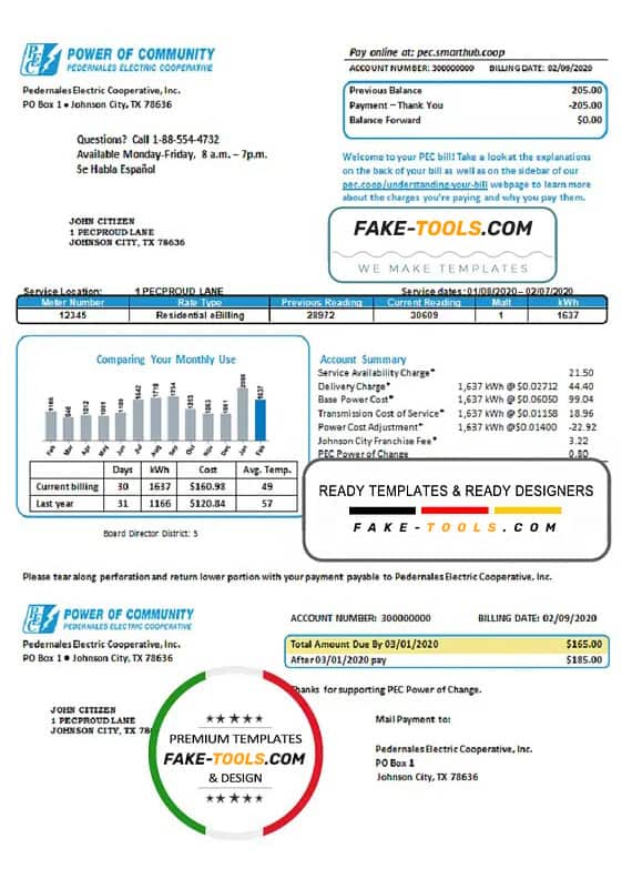 USA Texas Power of Community electricity utility bill in Word and PDF format, good for address prove USA Texas Power of Community electricity utility bill in Word and PDF format, good for address prove