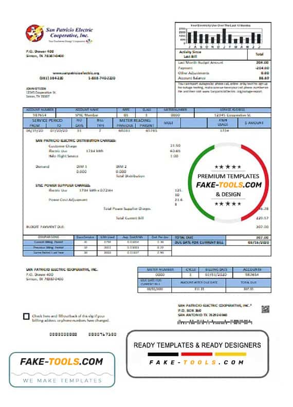 USA Texas San Patricio Electric Corporative utility bill template in Word and PDF (.doc and .pdf) format USA Texas San Patricio Electric Corporative utility bill template in Word and PDF (.doc and .pdf) format