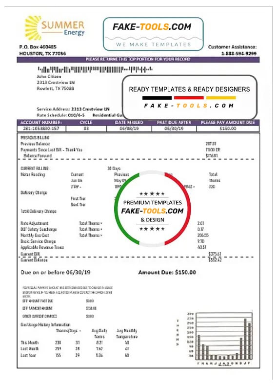 USA Texas Summer Energy easy fillable utility bill template in Word and PDF format USA Texas Summer Energy easy fillable utility bill template in Word and PDF format