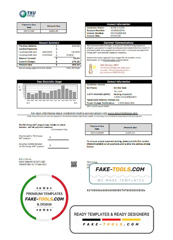 USA Texas TXU Energy utility bill template in Word and PDF format USA Texas TXU Energy utility bill template in Word and PDF format