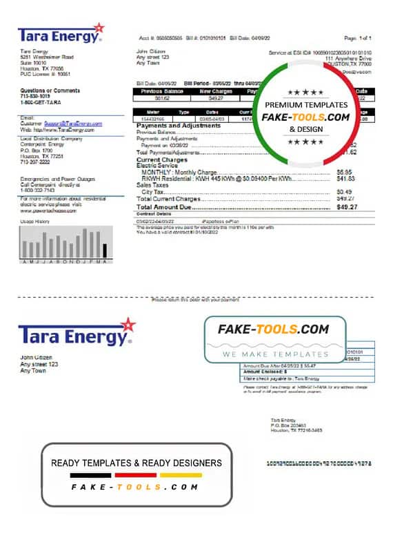 USA Texas Tara Energy utility bill template in Word and PDF format USA Texas Tara Energy utility bill template in Word and PDF format