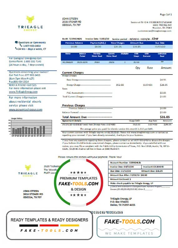 USA Texas TriEagle utility bill template in Word and PDF (.doc and .pdf) format USA Texas TriEagle utility bill template in Word and PDF (.doc and .pdf) format