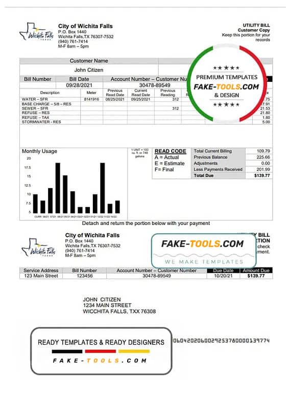 USA The City of Wichita Falls Utility bill template in Word and PDF format USA The City of Wichita Falls Utility bill template in Word and PDF format