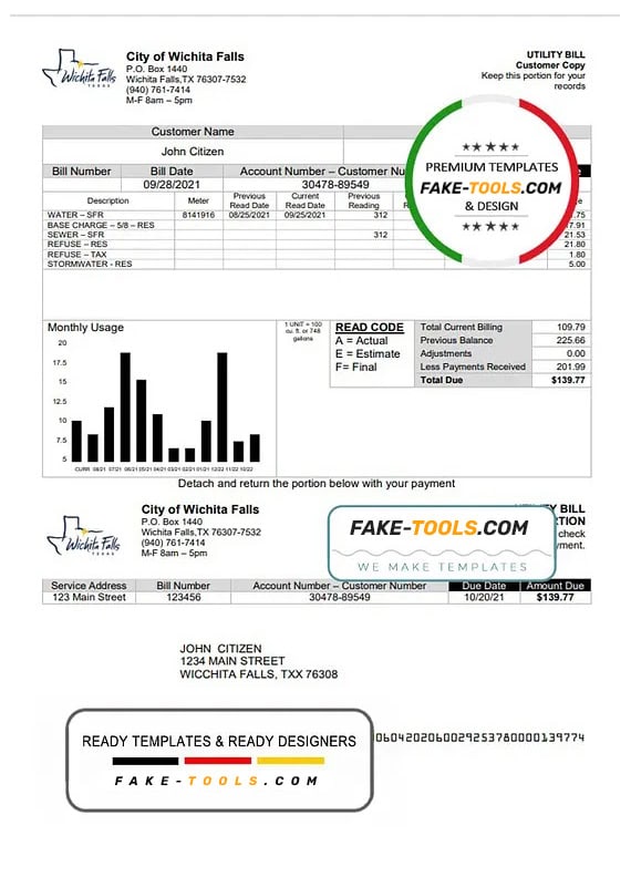 USA The City of Wichita Falls Utility bill template in Word and PDF format USA The City of Wichita Falls Utility bill template in Word and PDF format