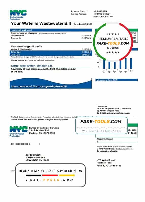 USA The New York City Department of Environmental Protection (DEP) utility bill template in Word and PDF format USA The New York City Department of Environmental Protection (DEP) utility bill template in Word and PDF format