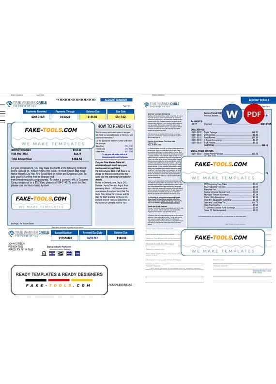 USA Time Warner Cabel utility bill, Word and PDF template, 3 pages USA Time Warner Cabel utility bill, Word and PDF template, 3 pages