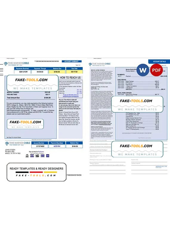 USA Time Warner Cabel utility bill, Word and PDF template, 3 pages USA Time Warner Cabel utility bill, Word and PDF template, 3 pages
