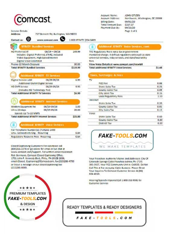 USA Utah Comcast utility bill template in Word and PDF format USA Utah Comcast utility bill template in Word and PDF format