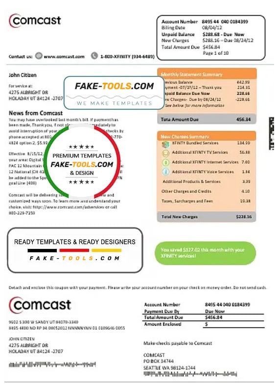 USA Utah Comcast utility bill template in Word and PDF format USA Utah Comcast utility bill template in Word and PDF format
