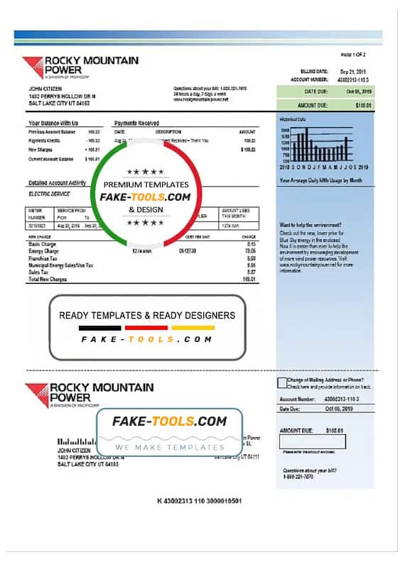 USA Utah Rocky Mountain Power electricity utility bill template in Word and PDF format USA Utah Rocky Mountain Power electricity utility bill template in Word and PDF format