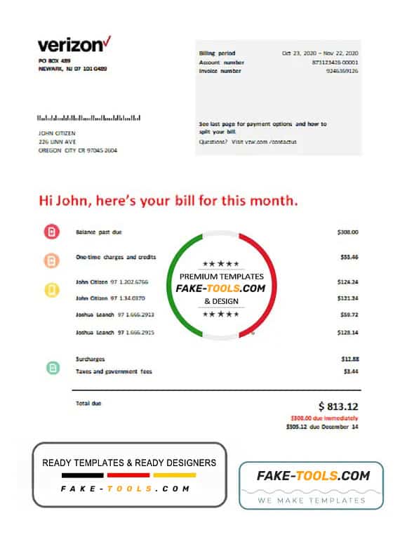 USA Verizon telecommunications utility bill template in Word and PDF format USA Verizon telecommunications utility bill template in Word and PDF format