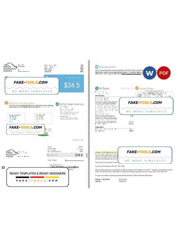 USA Vermont Green Mountain Power utility bill, Word and PDF template, 2 pages USA Vermont Green Mountain Power utility bill, Word and PDF template, 2 pages
