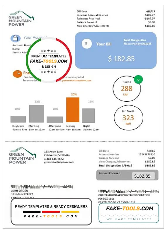 USA Vermont Green Mountain Power electricity utility bill in Word and PDF format USA Vermont Green Mountain Power electricity utility bill in Word and PDF format