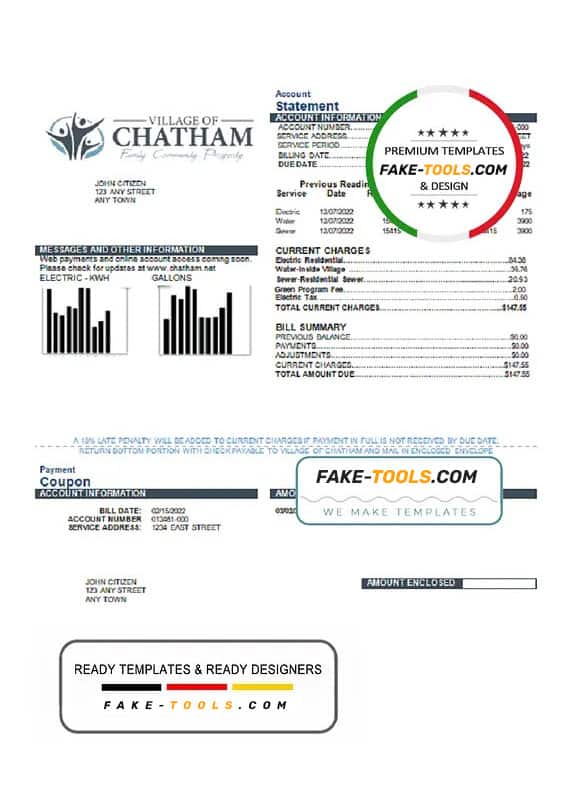 USA Village of Chatham utility bill template in Word and PDF format USA Village of Chatham utility bill template in Word and PDF format