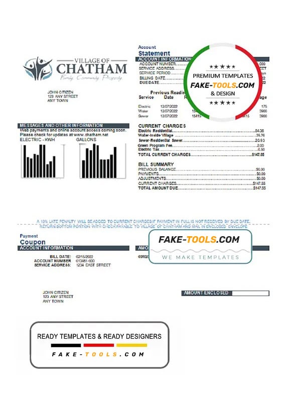 USA Village of Chatham utility bill template in Word and PDF format USA Village of Chatham utility bill template in Word and PDF format
