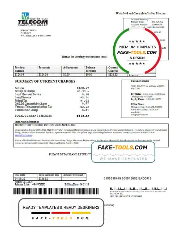 USA Waitsfield Telecom utility bill template in Word and PDF format USA Waitsfield Telecom utility bill template in Word and PDF format