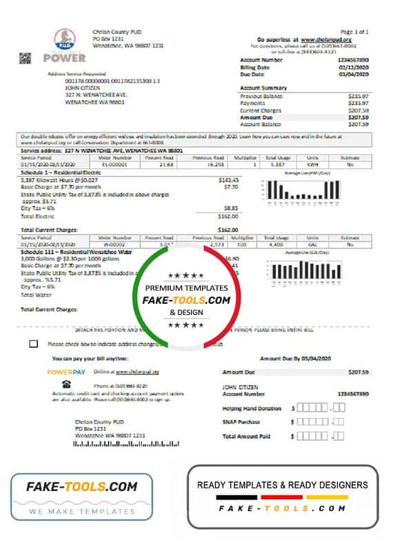 USA Washington Chelan County PUD utility bill template in Word and PDF format USA Washington Chelan County PUD utility bill template in Word and PDF format