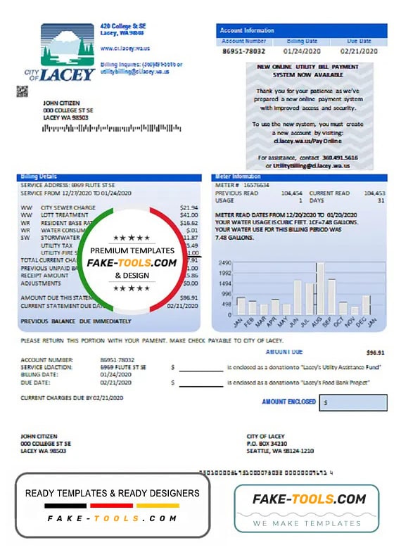 USA Washington City of Lacey water utility bill template in Word and PDF format (proof of address) USA Washington City of Lacey water utility bill template in Word and PDF format (proof of address)