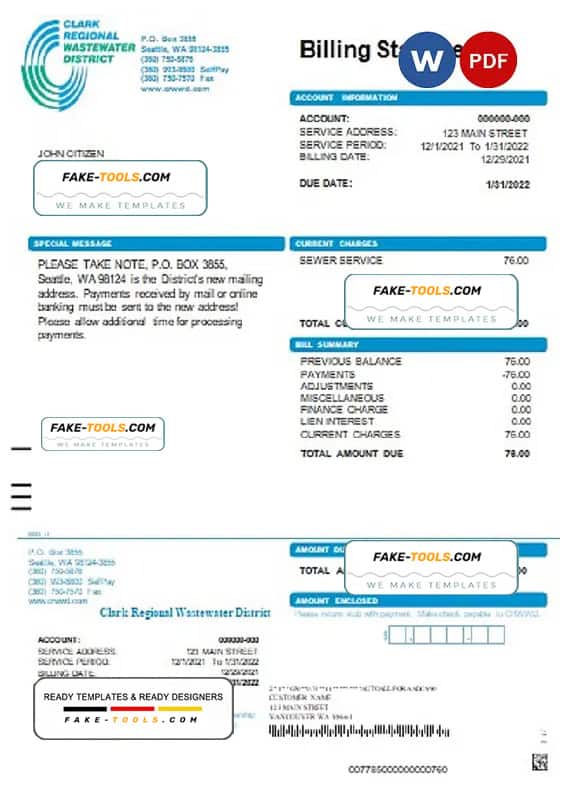 USA Washington Clark Regional Wastewater District utility bill, Word and PDF template USA Washington Clark Regional Wastewater District utility bill, Word and PDF template