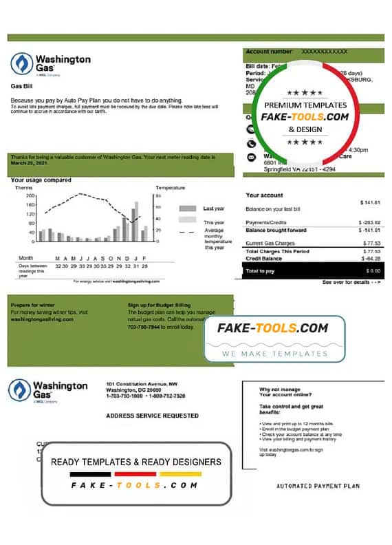 USA Washington Gas (WGL) utility bill template in Word and PDF format USA Washington Gas (WGL) utility bill template in Word and PDF format