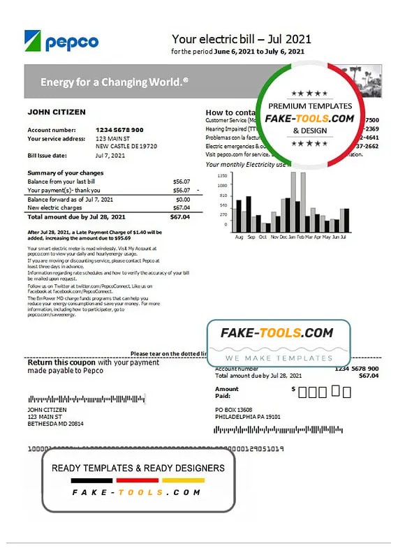 USA Washington Pepco utility bill template in Word and PDF format USA Washington Pepco utility bill template in Word and PDF format