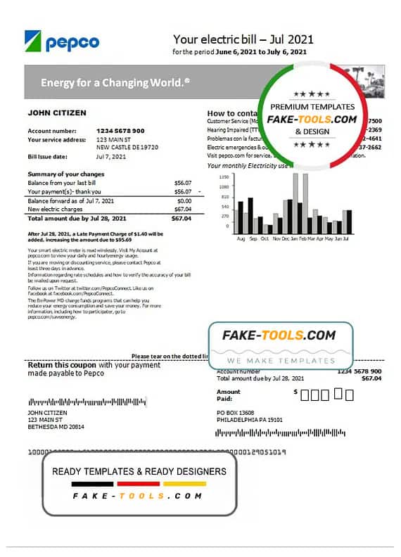 USA Washington Pepco utility bill template in Word and PDF format USA Washington Pepco utility bill template in Word and PDF format