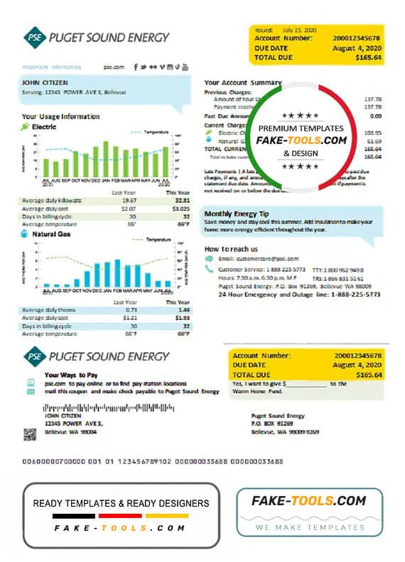 USA Washington Puget Sound Energy utility bill template in Word and PDF format USA Washington Puget Sound Energy utility bill template in Word and PDF format