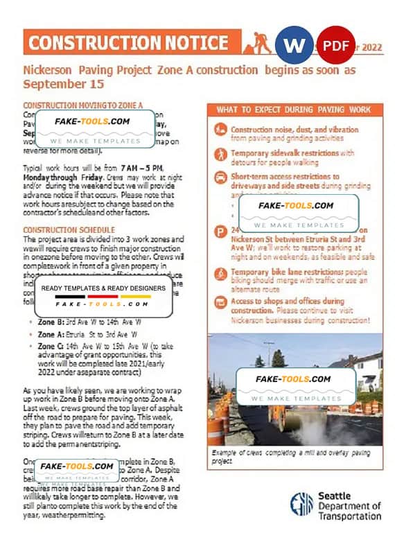 USA Washington Seattle Construction Notice, Word and PDF template, 2 pages USA Washington Seattle Construction Notice, Word and PDF template, 2 pages