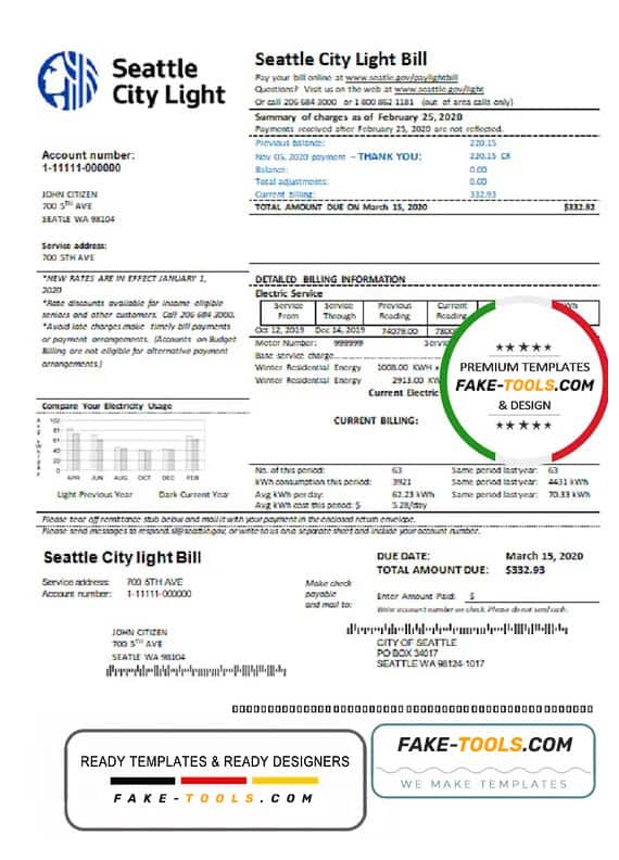 USA Washington Seattle City Light utility bill template in Word and PDF format USA Washington Seattle City Light utility bill template in Word and PDF format