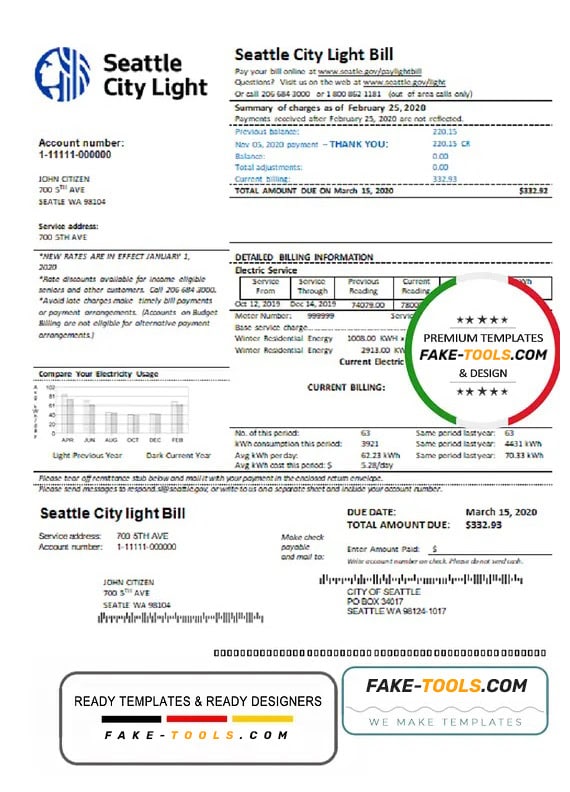 USA Washington Seattle City Light utility bill template in Word and PDF format USA Washington Seattle City Light utility bill template in Word and PDF format