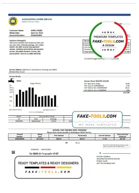 USA Washington Water Service utility bill template in Word and PDF format USA Washington Water Service utility bill template in Word and PDF format