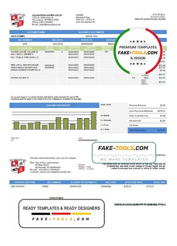 USA Wawatosa Water Utility utility bill template in Word and PDF format USA Wawatosa Water Utility utility bill template in Word and PDF format
