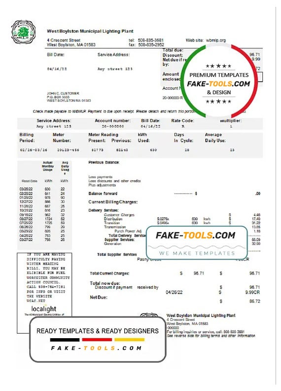 USA West Boylston utility bill template in Word and PDF format USA West Boylston utility bill template in Word and PDF format
