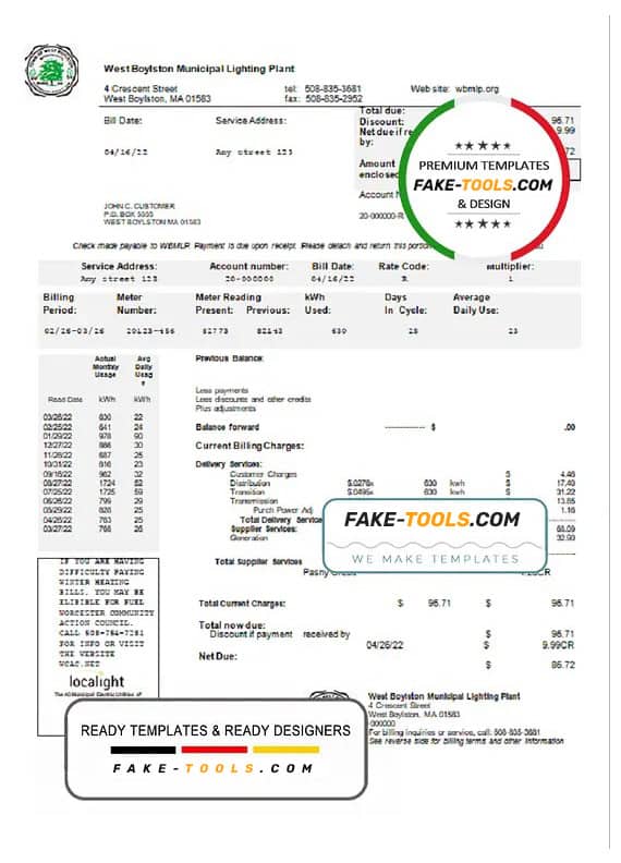 USA West Boylston utility bill template in Word and PDF format USA West Boylston utility bill template in Word and PDF format
