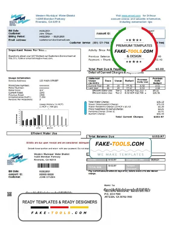 USA Western Municipal Water District utility bill template in Word and PDF format USA Western Municipal Water District utility bill template in Word and PDF format