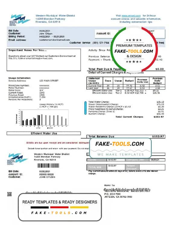 USA Western Municipal Water District utility bill template in Word and PDF format USA Western Municipal Water District utility bill template in Word and PDF format