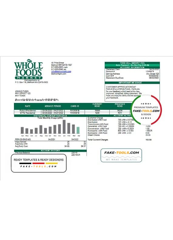 USA Whole Foods Market utility bill template in Word and PDF format USA Whole Foods Market utility bill template in Word and PDF format