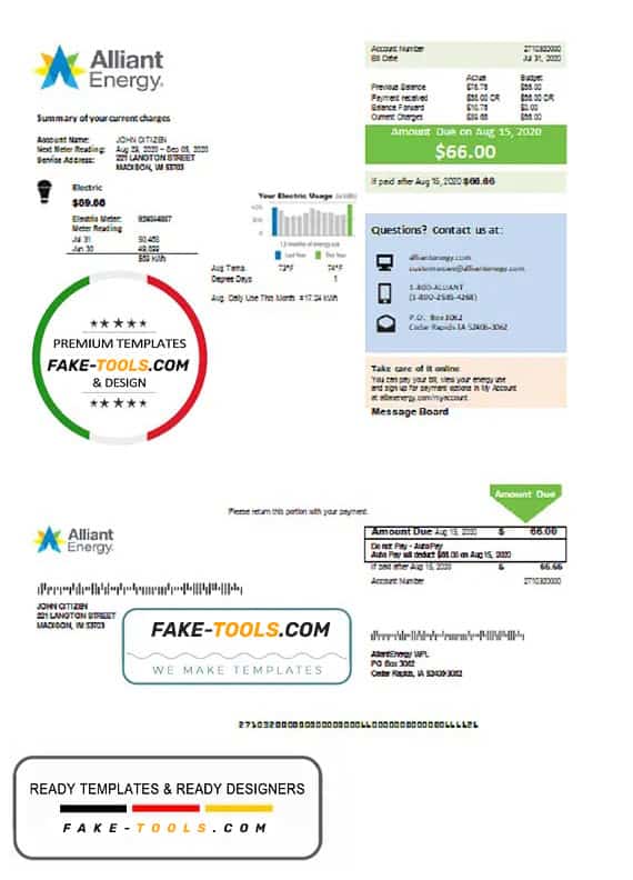 USA Wisconsin Alliant Energy electricity utility bill template in Word and PDF format USA Wisconsin Alliant Energy electricity utility bill template in Word and PDF format