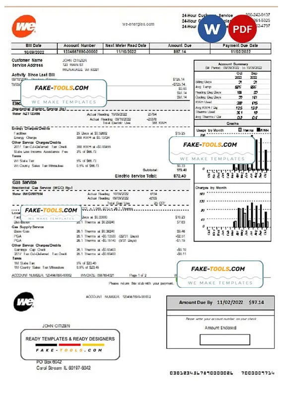 USA Wisconsin We Energies electricity utility bill template in Word and PDF format USA Wisconsin We Energies electricity utility bill template in Word and PDF format