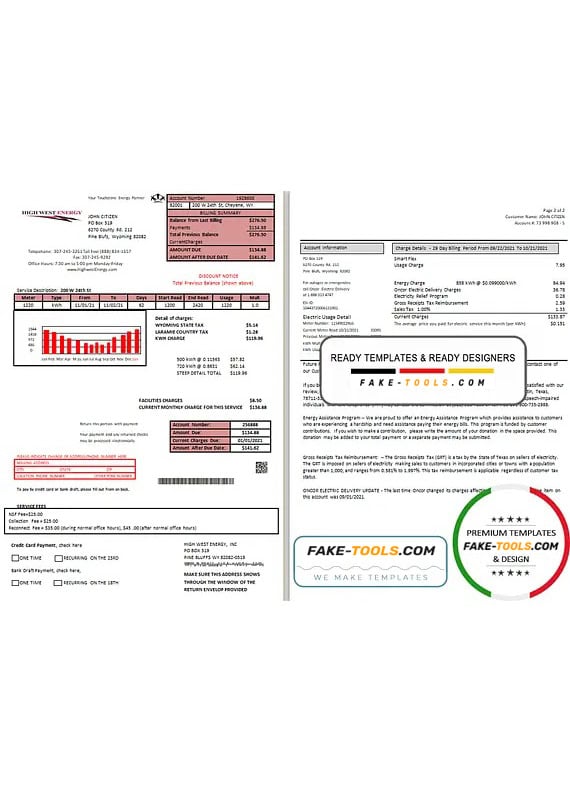 USA Wyoming High West Energy utility bill in Word anf PDF format (2 pages) USA Wyoming High West Energy utility bill in Word anf PDF format (2 pages)