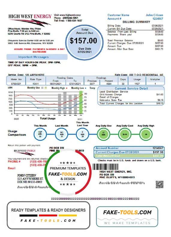 USA Wyoming High West Energy utility bill in Word and PDF format, version 2 USA Wyoming High West Energy utility bill in Word and PDF format, version 2