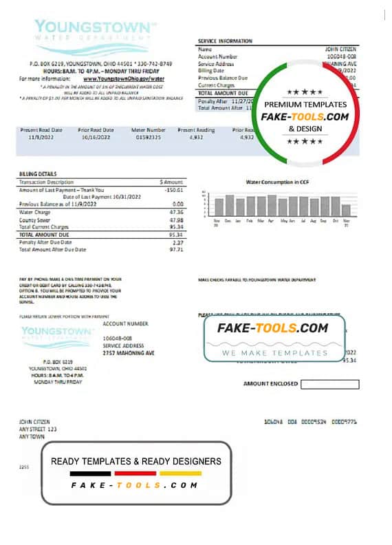 USA Youngstown Water Department utility bill template in Word and PDF format USA Youngstown Water Department utility bill template in Word and PDF format