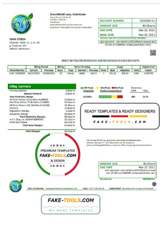 Uzbekistan GreenWorld utility bill template in Word and PDF (.doc and .pdf) format, fully editable Uzbekistan GreenWorld utility bill template in Word and PDF (.doc and .pdf) format, fully editable